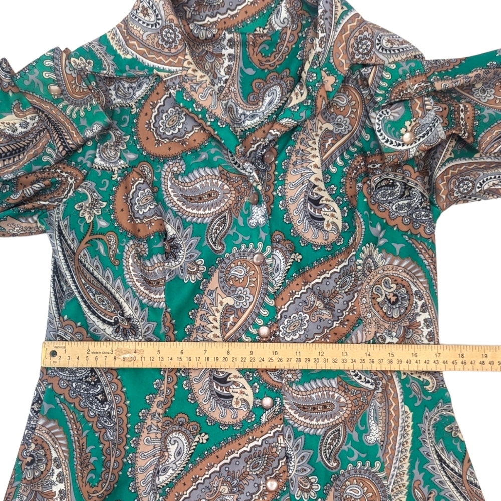Vintage 70s 60s Paisley Shirt Dress Womens Large Polyester Green Shift - Picture 13 of 13